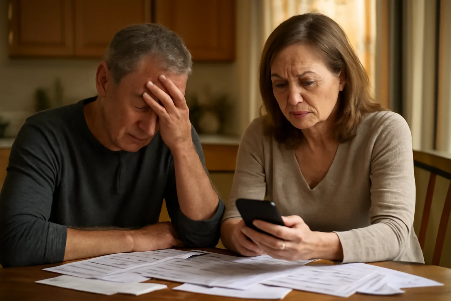 Couple reviewing overdue timeshare maintenance fee bills at home