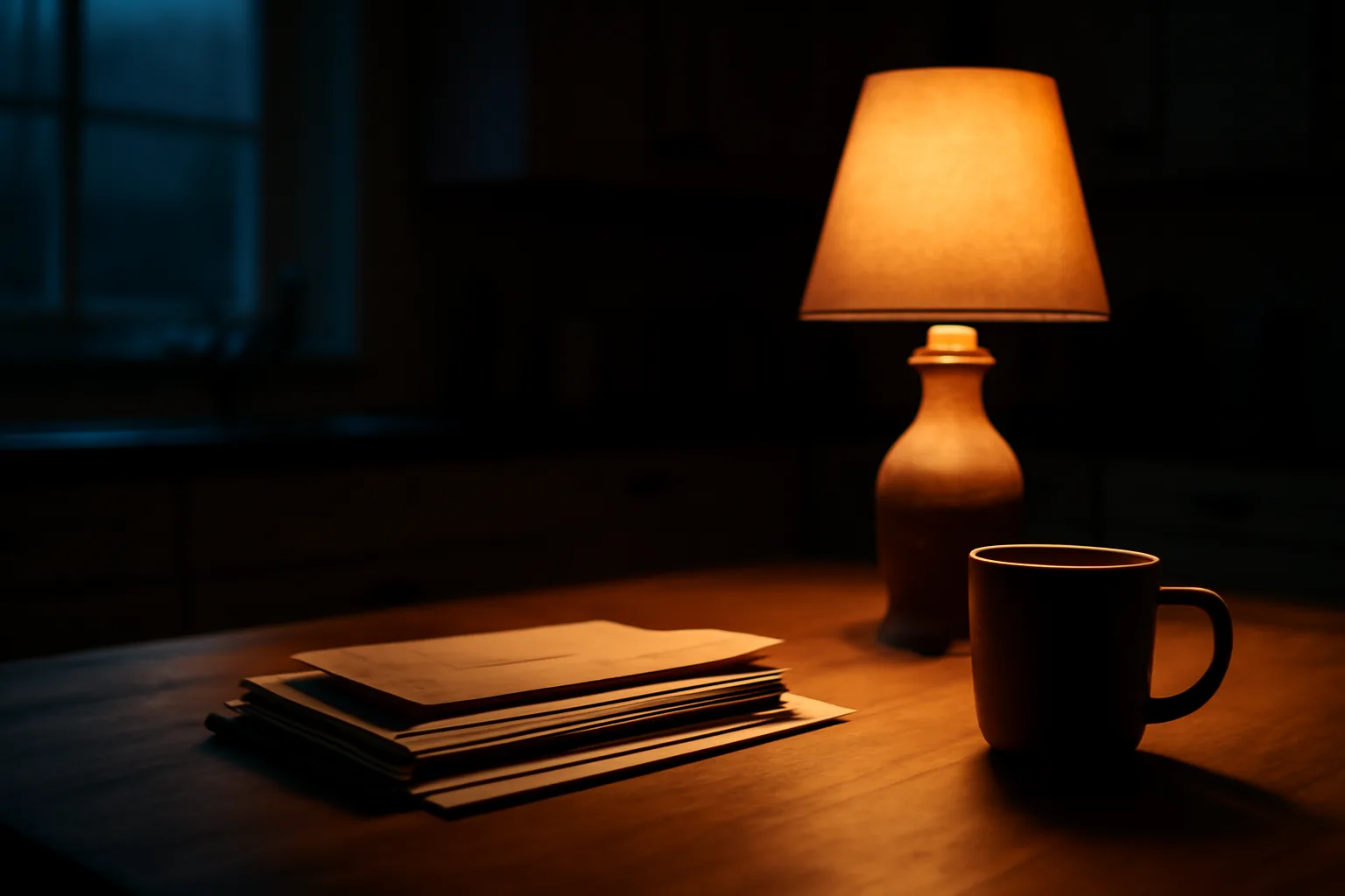 Stack of unopened mail on a kitchen table under lamp light, evoking overdue timeshare bills