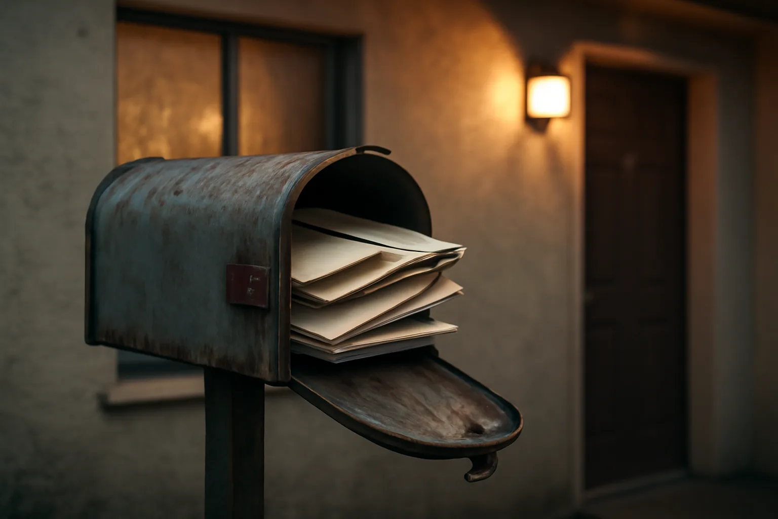 Overflowing mailbox of overdue notices outside a timeshare condo at dusk
