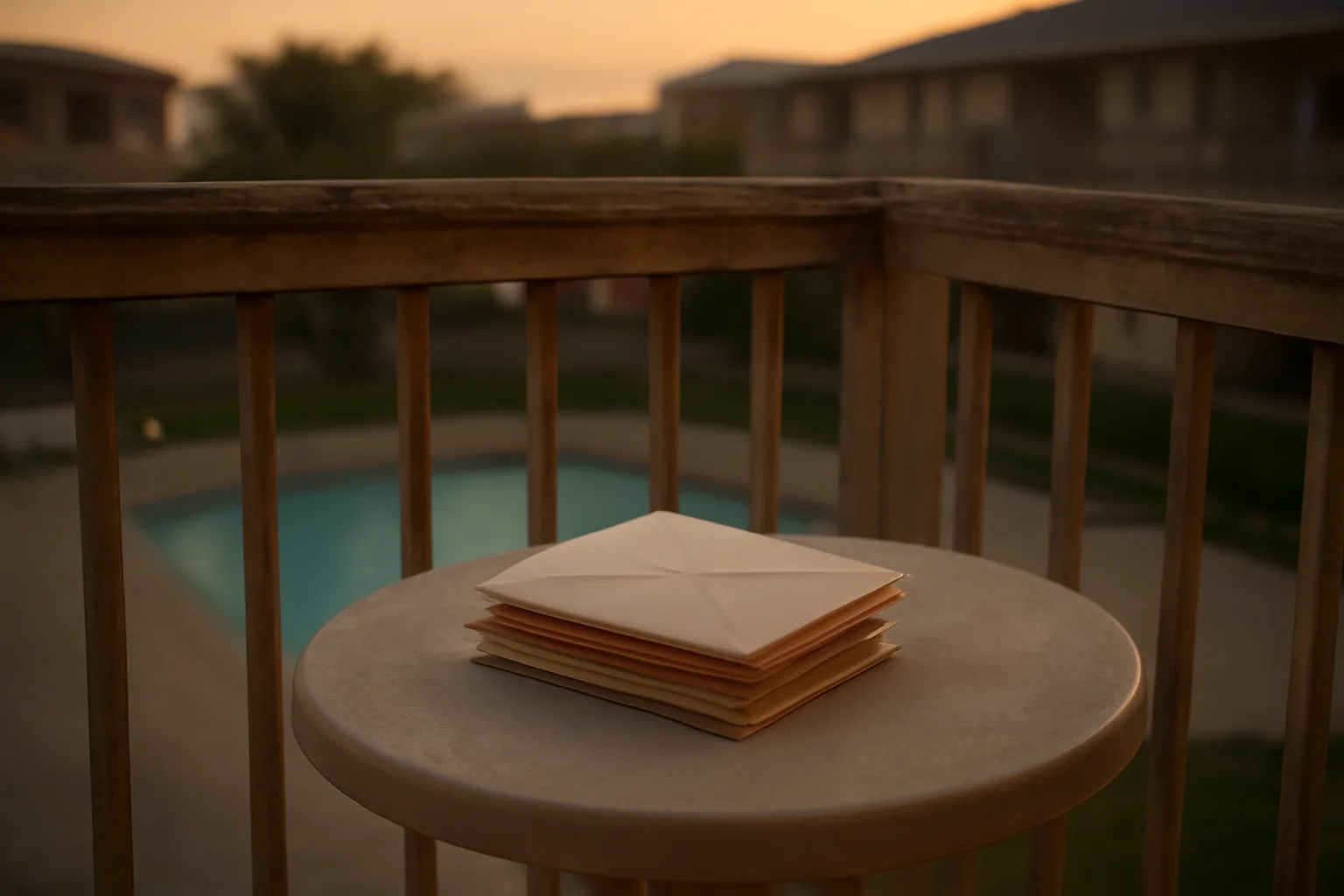 Condo balcony at dusk with unopened mail, evoking unpaid timeshare maintenance fees