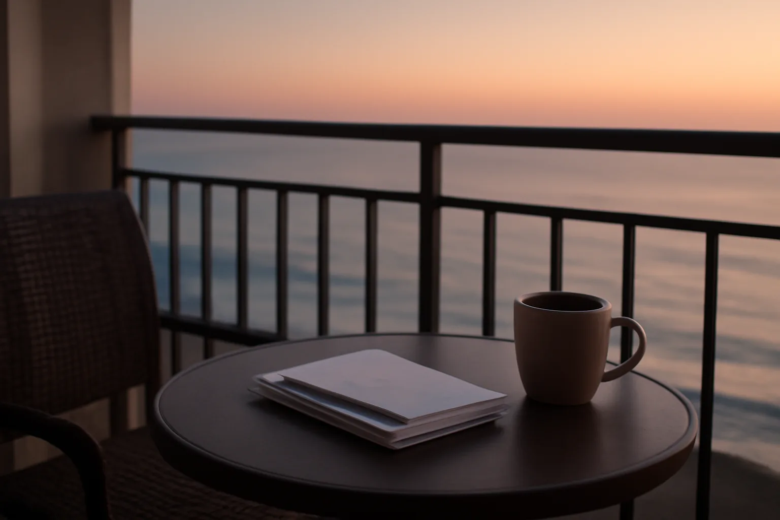 Balcony with unopened mail overlooking the ocean at dusk, timeshare fee notices implied