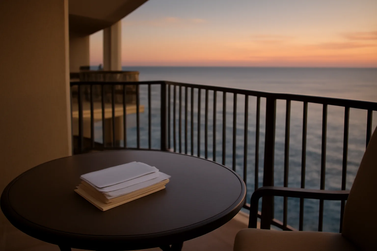Empty timeshare condo balcony with unopened mail, evoking unpaid maintenance fees