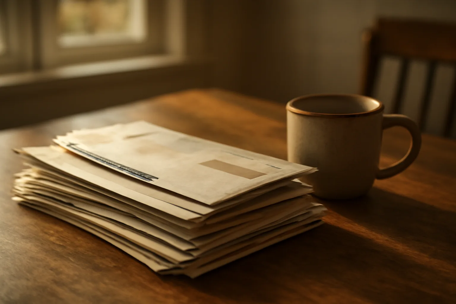 Stack of unopened certified mail and past-due notices on a kitchen table