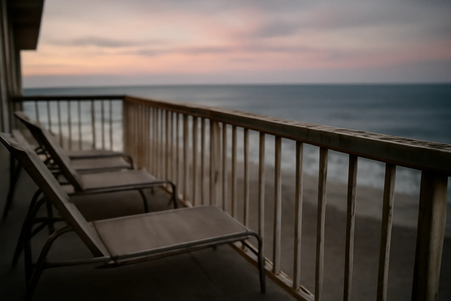 Empty condo balcony at a coastal timeshare resort at dusk