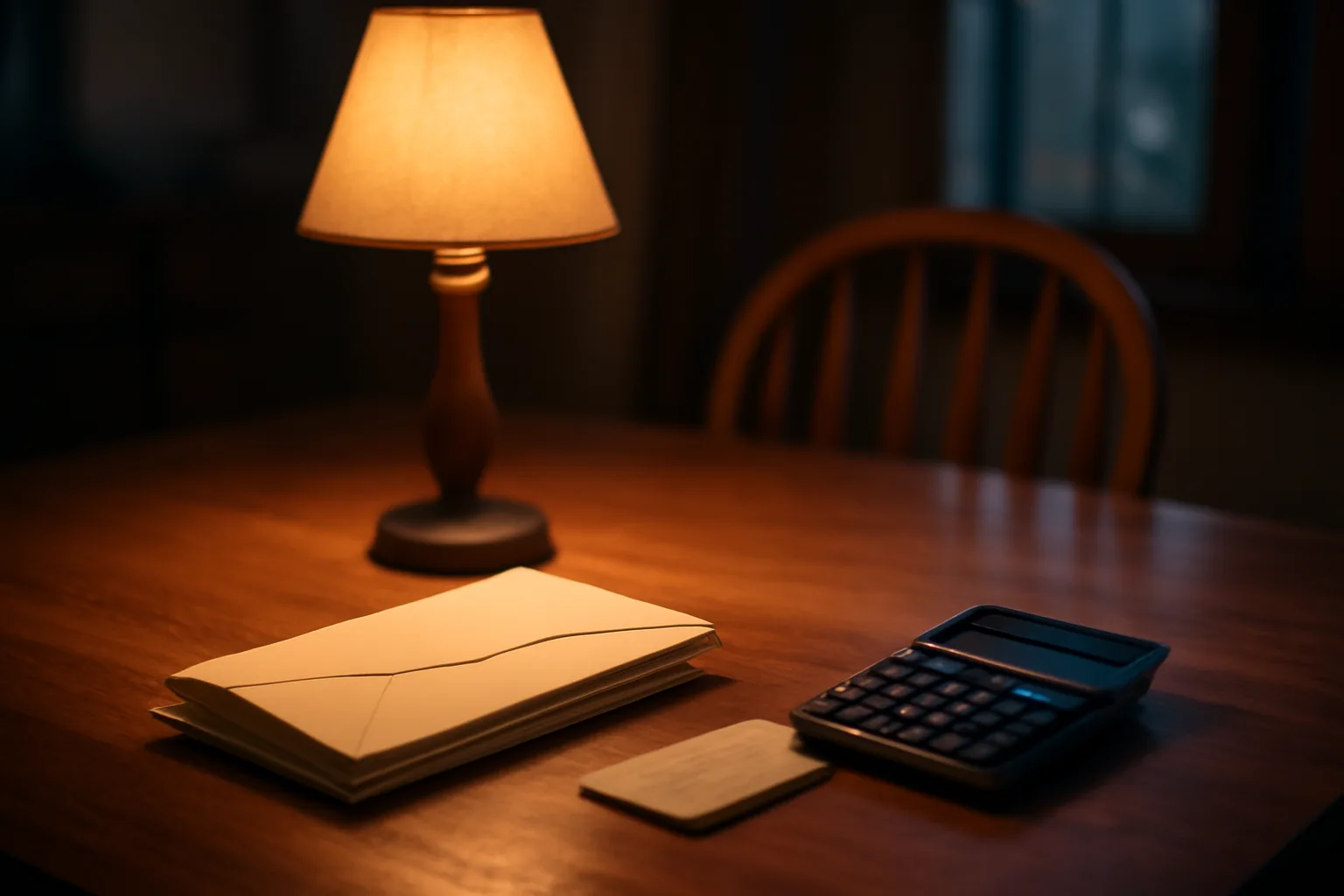 Unopened bills and a calculator on a kitchen table representing unpaid timeshare fees