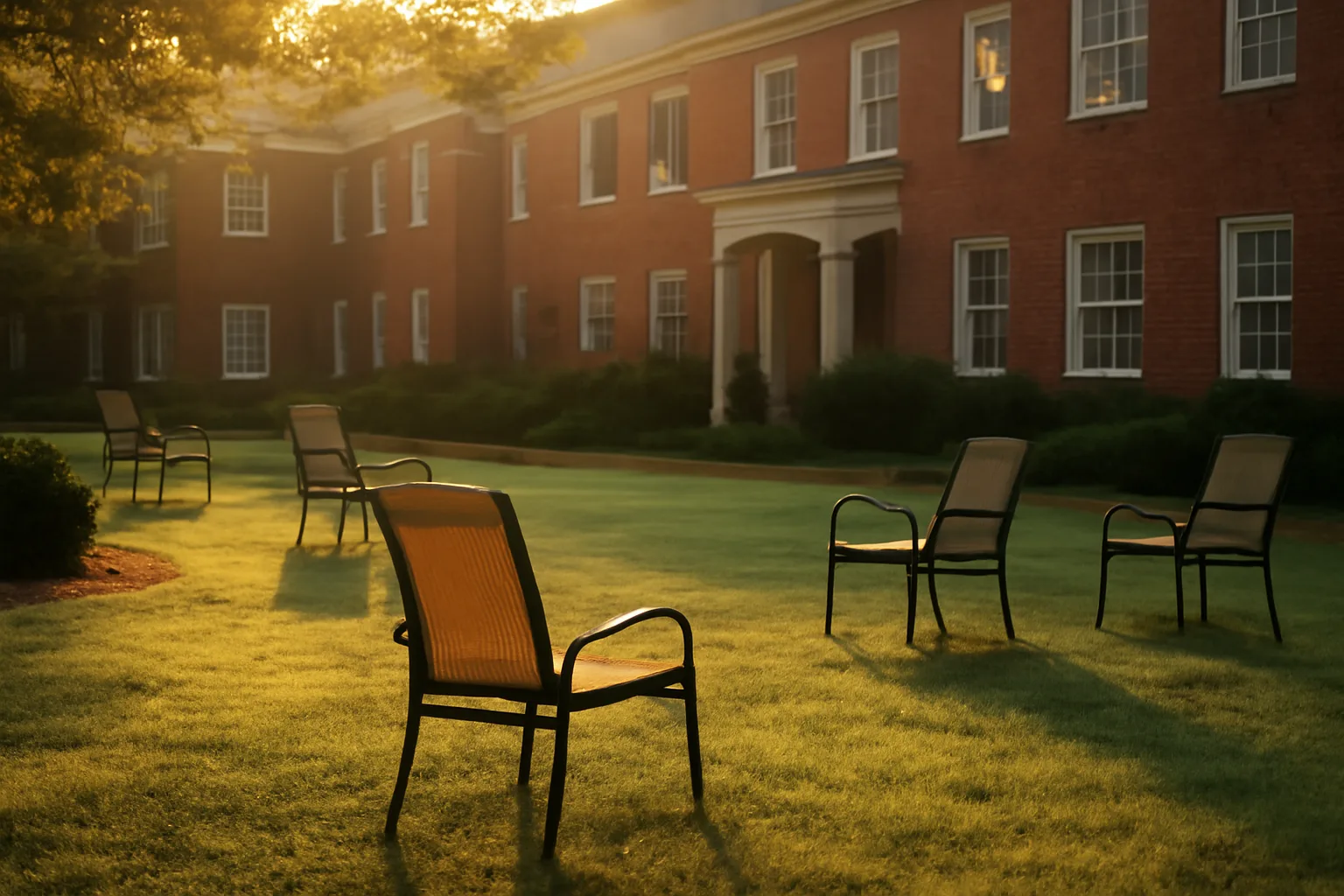 Empty courtyard at a Williamsburg-area timeshare resort in early morning light