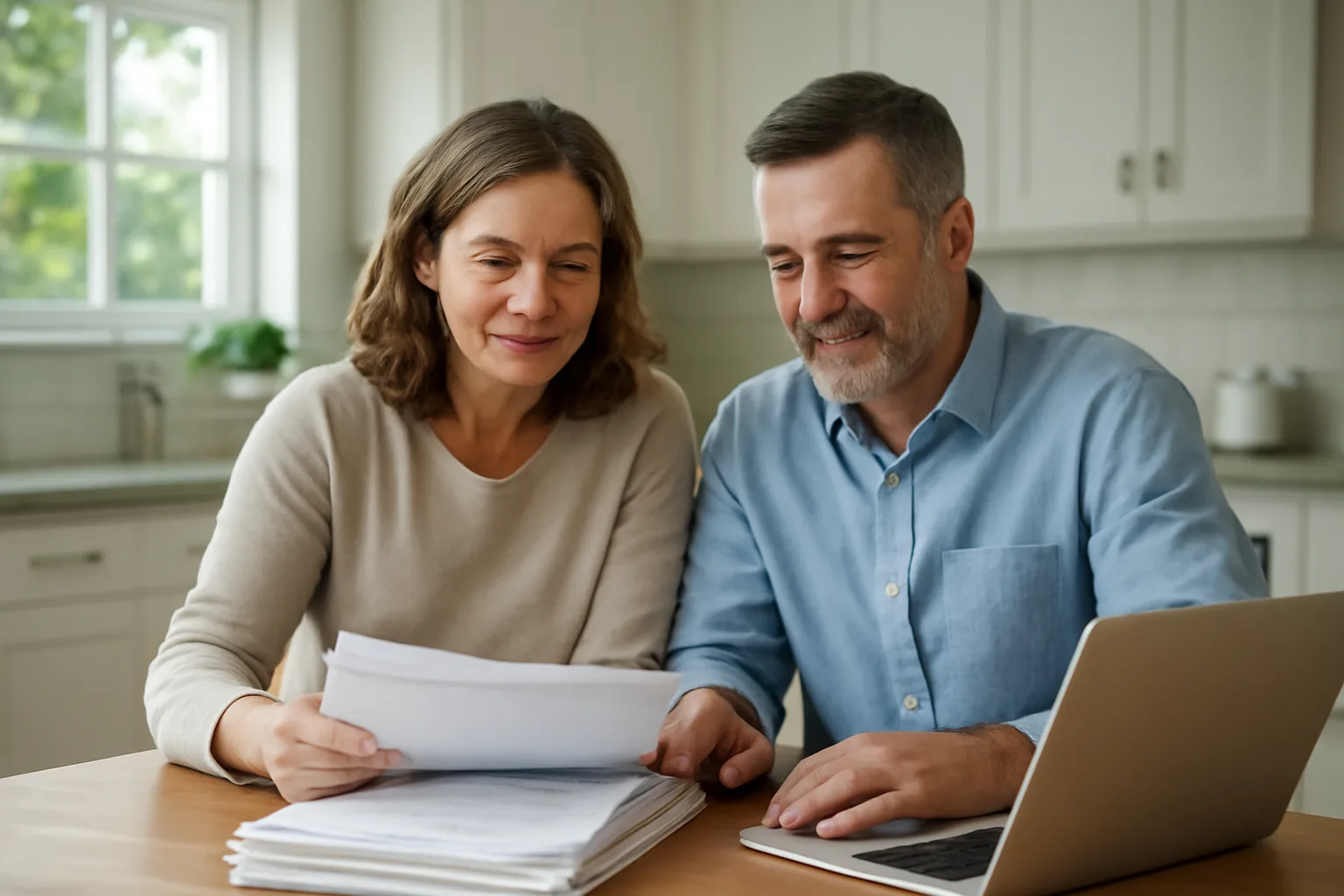 Couple reviewing timeshare contract documents at home during the cancellation process