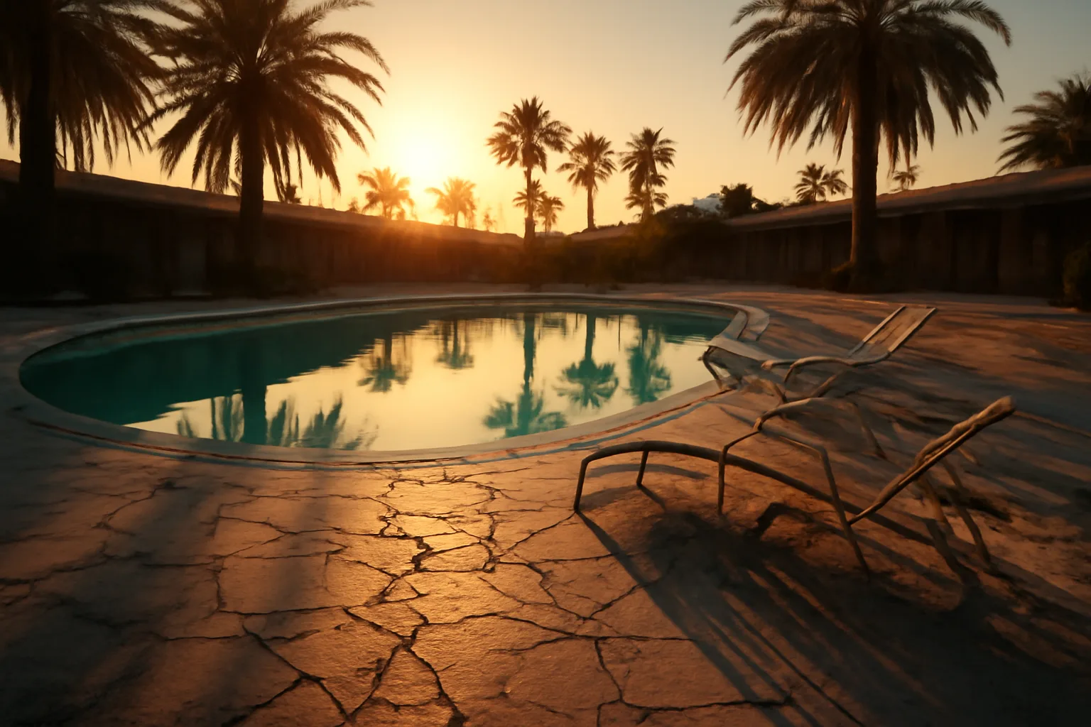 Empty resort pool at sunset representing dissolved ACA Group timeshare properties