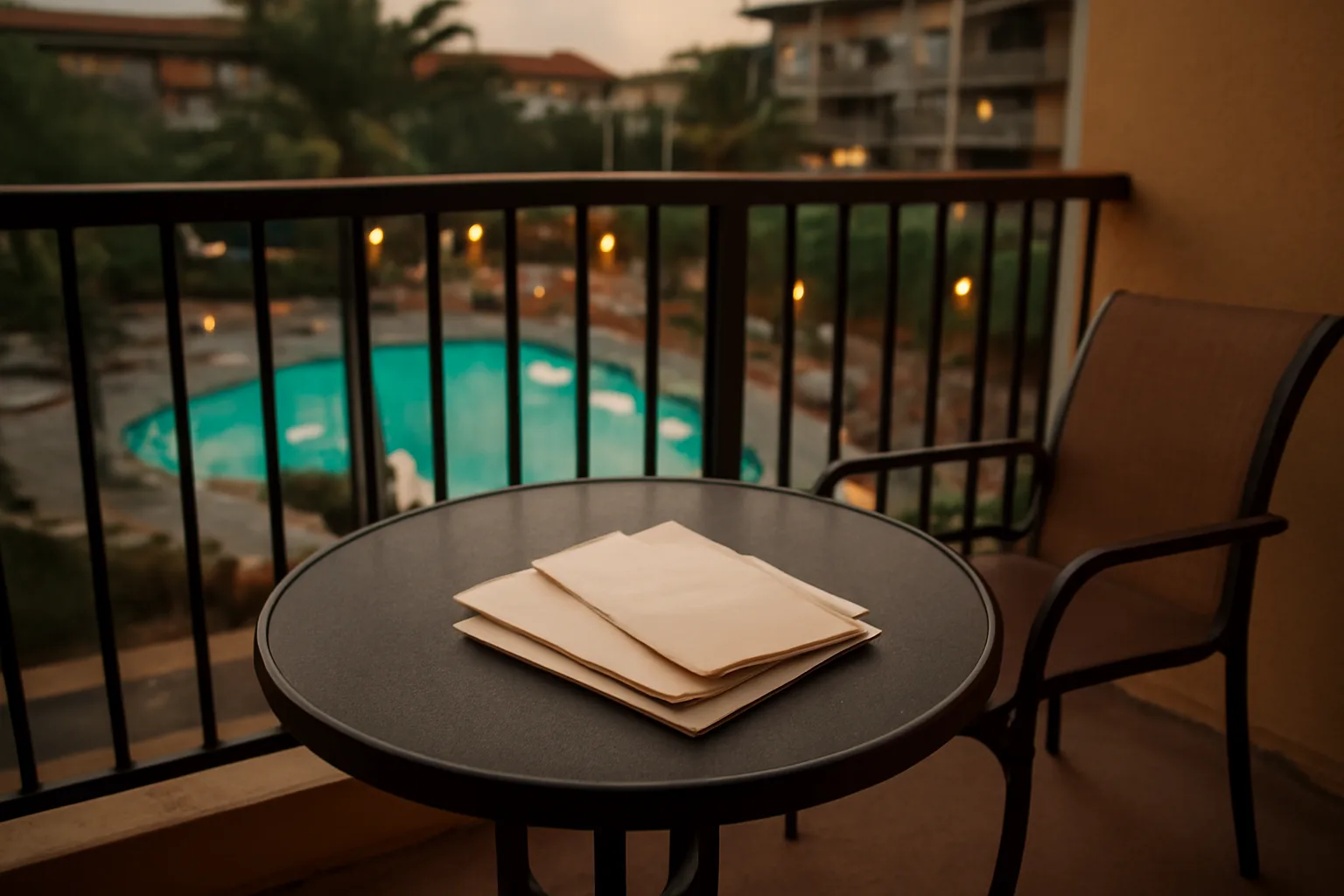 Resort condo balcony at dusk with unopened mail on a table, symbolizing timeshare ownership costs
