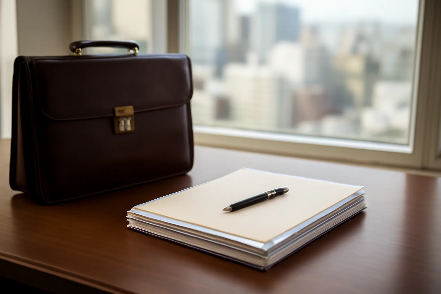 Attorney desk with contract documents and briefcase for timeshare cancellation consultation