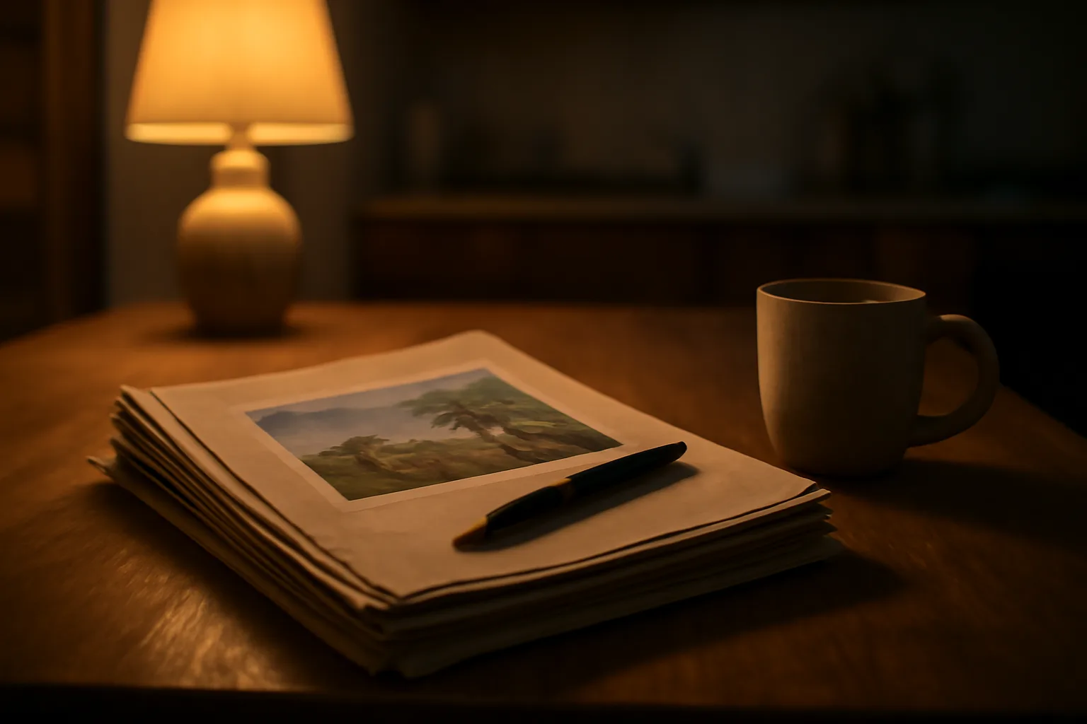 Kitchen table at dusk with paperwork and a pen, someone weighing how to get out of a timeshare
