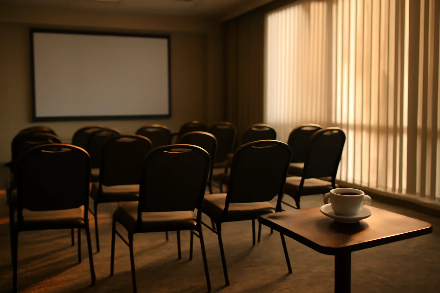 Empty timeshare sales presentation room with rows of chairs and afternoon light