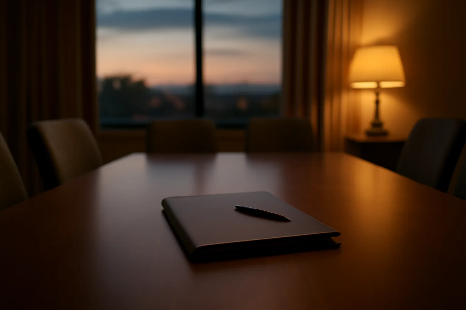 Closed contract folder and pen on a hotel presentation table with empty chairs