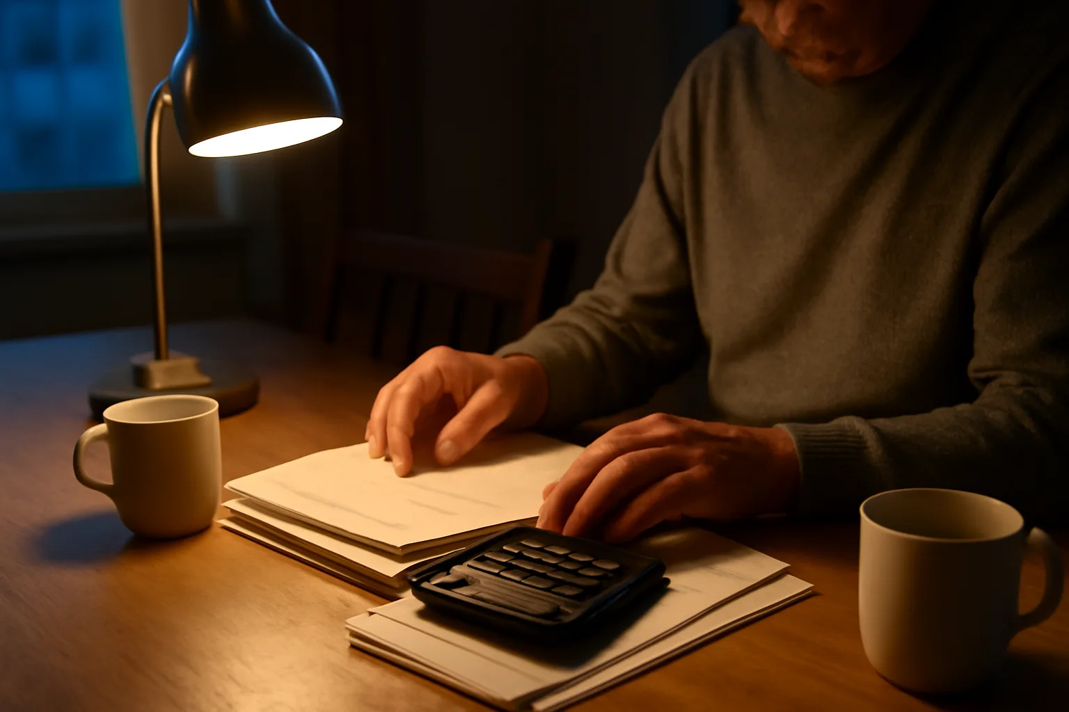 Couple reviewing paperwork at a kitchen table while researching how to get rid of a timeshare