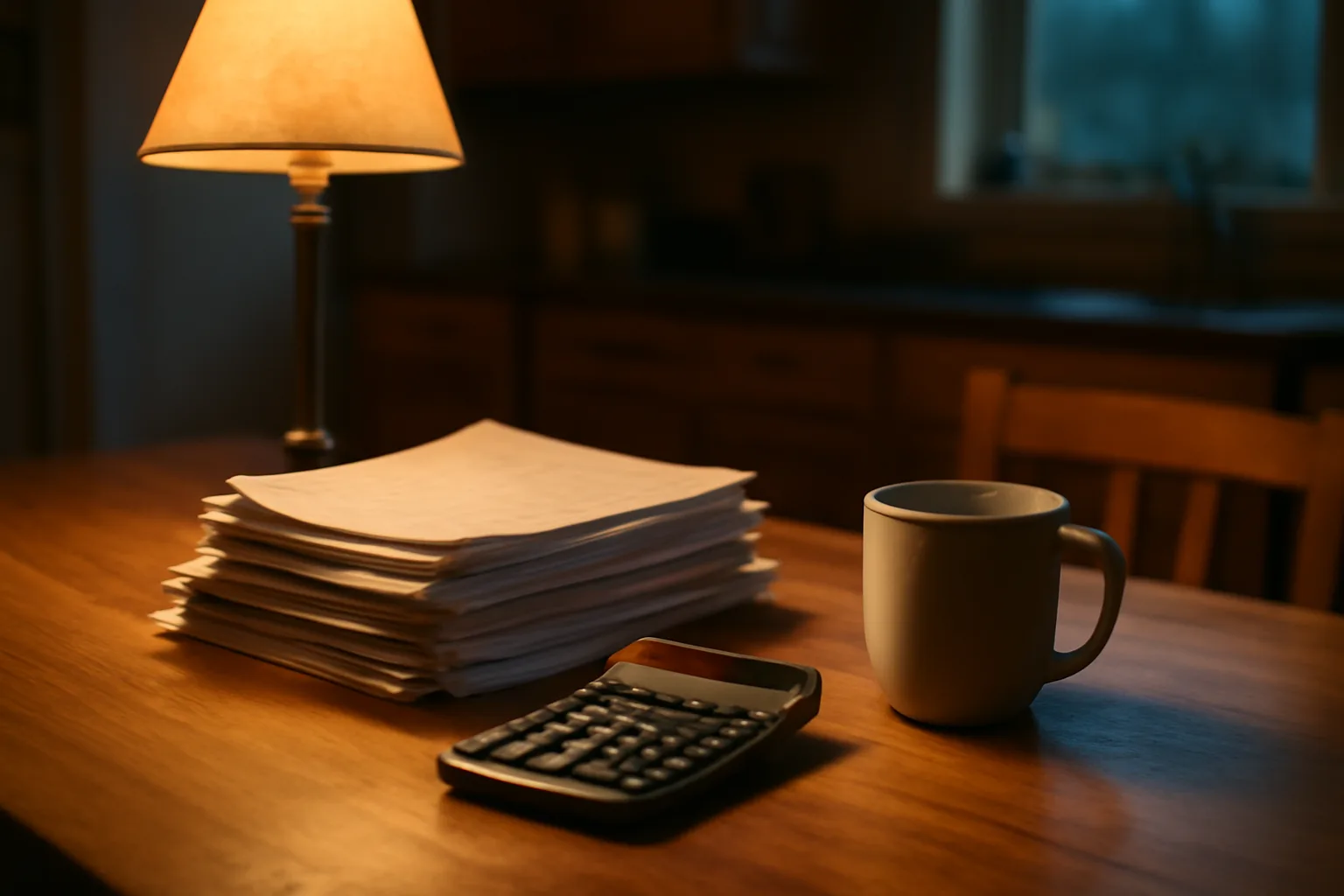 Kitchen table with bills and a calculator, evoking timeshare maintenance fee budgeting