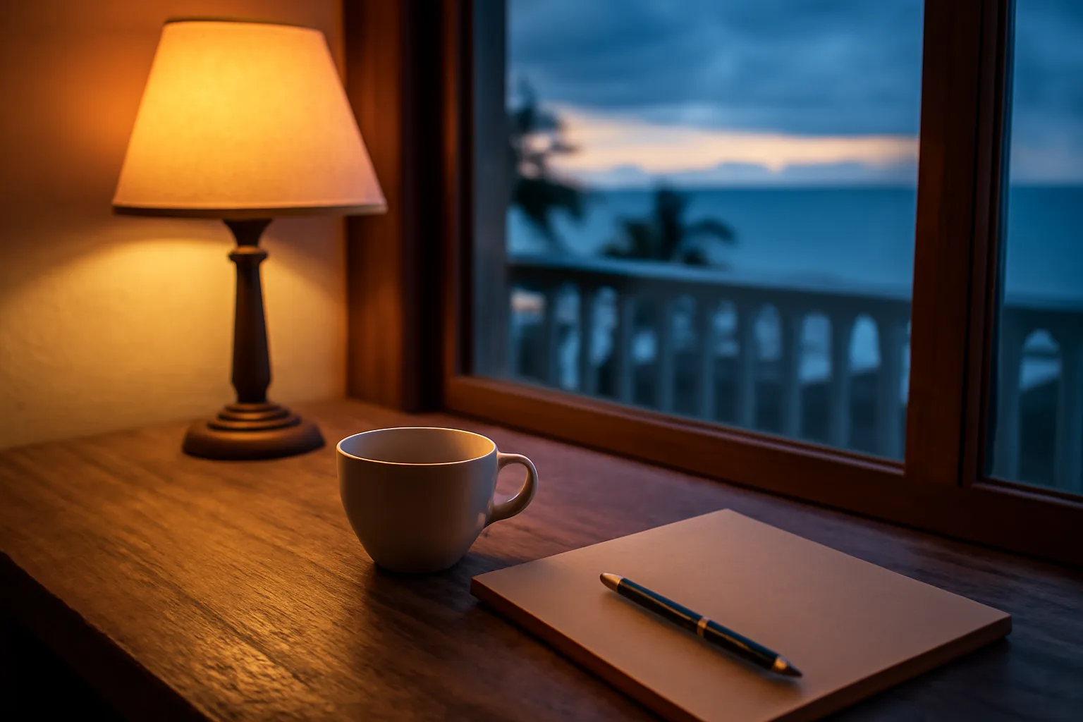 Desk scene overlooking a resort balcony, symbolizing the decision of breaking a timeshare contract
