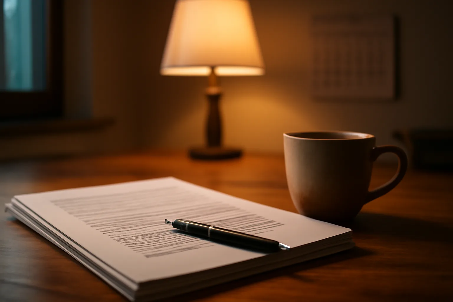 Home desk with contract paperwork and coffee mug, researching how to get out of a timeshare