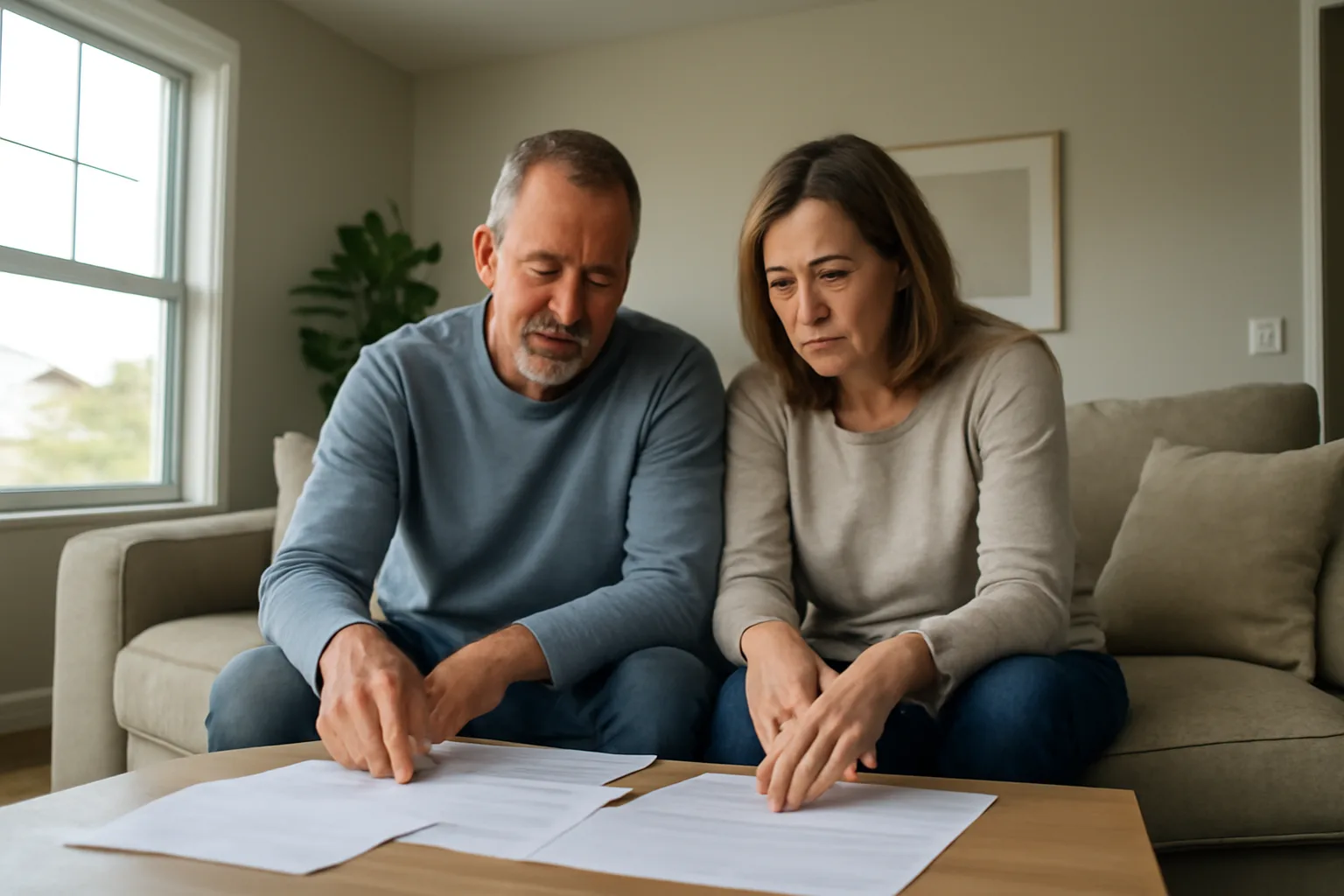 Couple reviewing timeshare contract documents at home on sofa