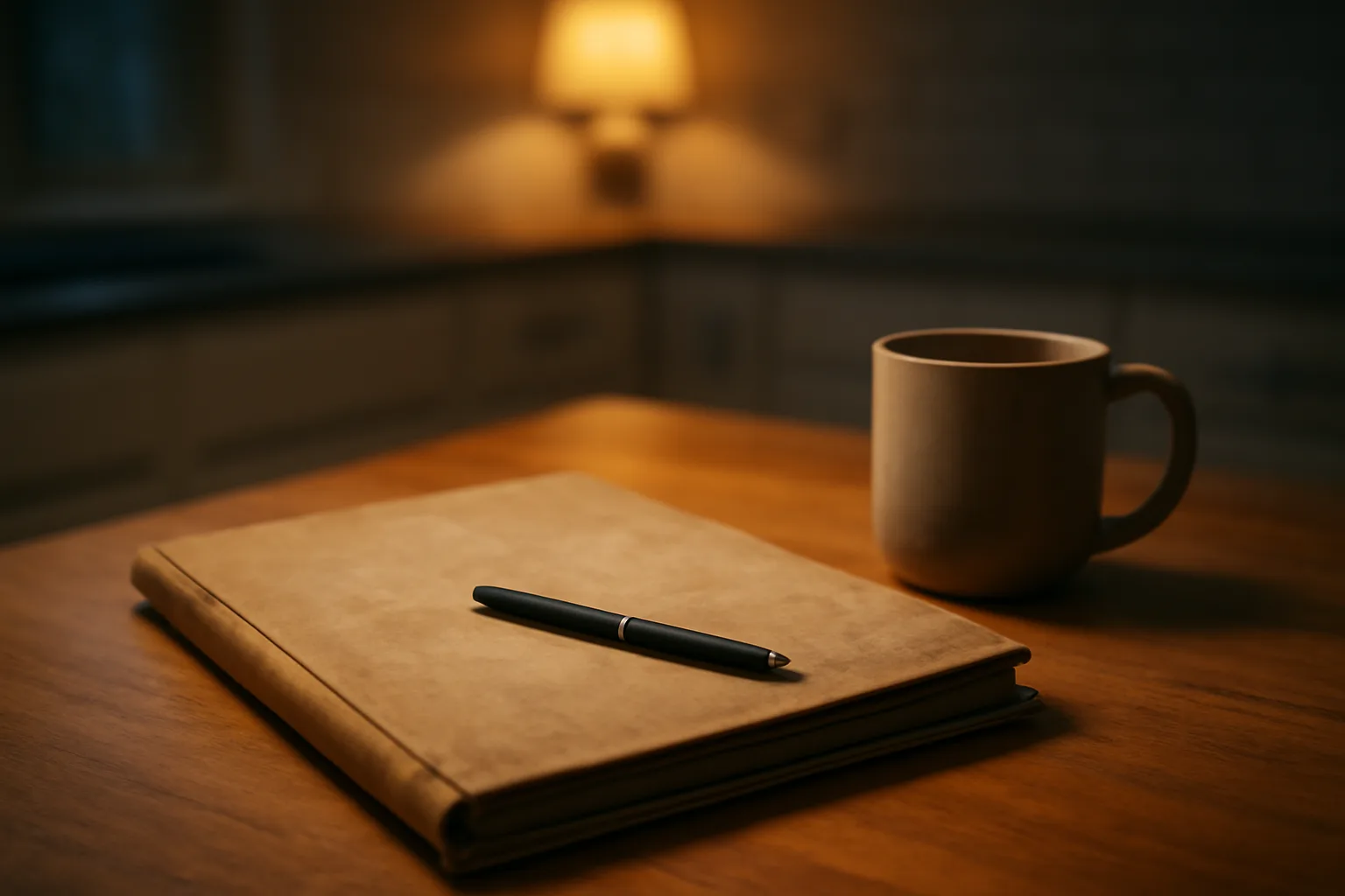 Closed contract folder and pen on a kitchen table, evoking a timeshare cancellation decision