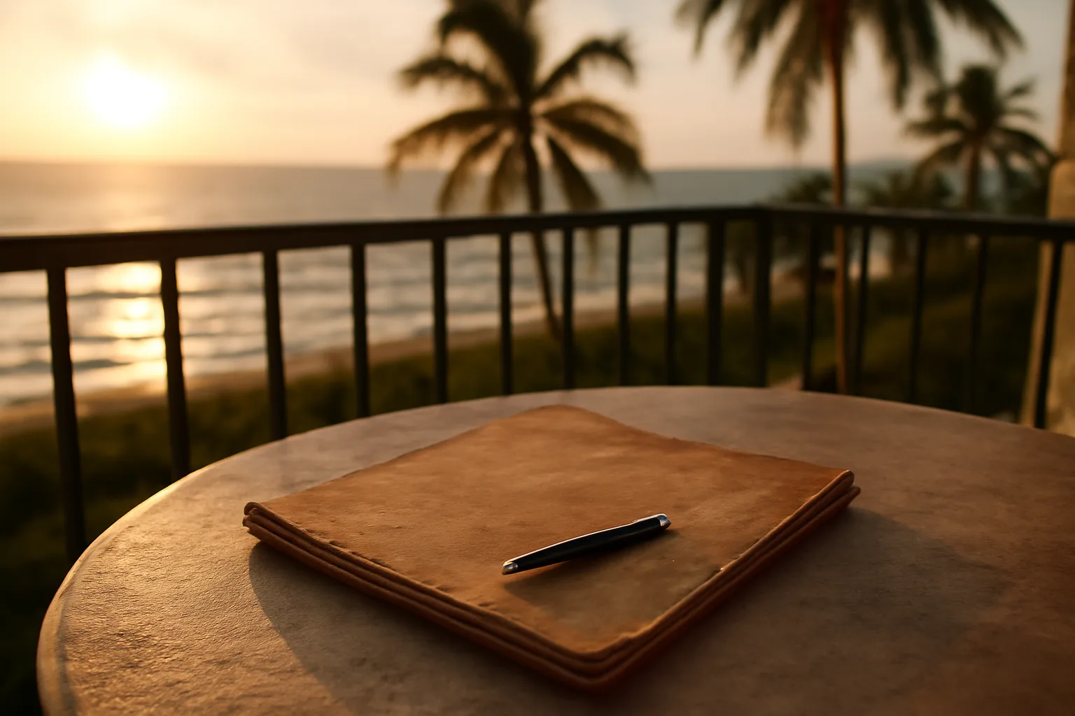 Contract folder on a balcony table with Florida coastline in the background