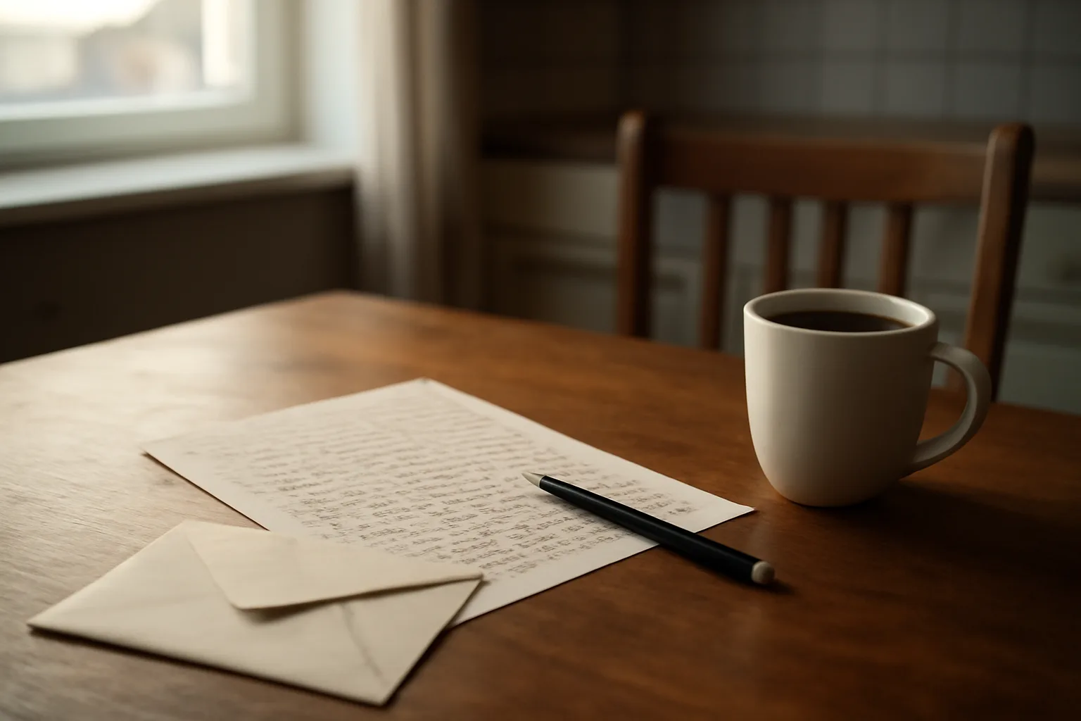 Handwritten cancellation letter and envelope on a kitchen table in morning light