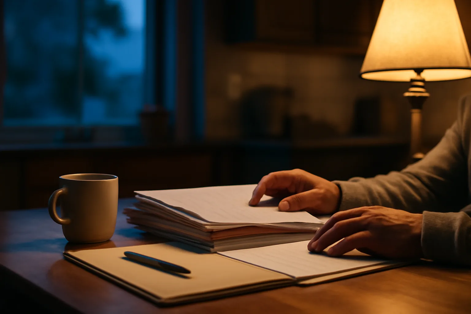 Person reviewing timeshare contract paperwork at a kitchen table