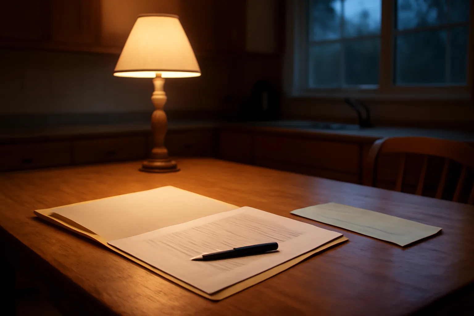 Kitchen table with contract papers and a certified mail receipt under lamp light