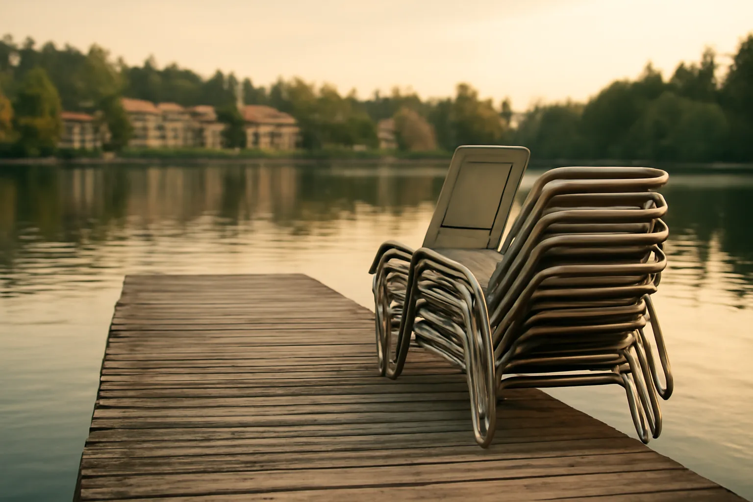 Empty dock and stacked chairs at a quiet timeshare resort at dusk