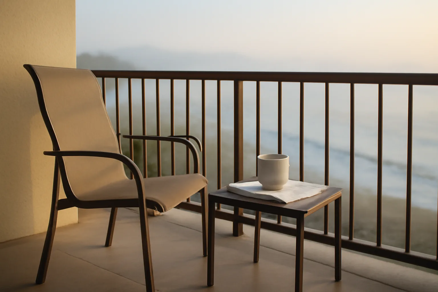 Empty resort balcony with paperwork on a table, evoking a timeshare owner considering an exit