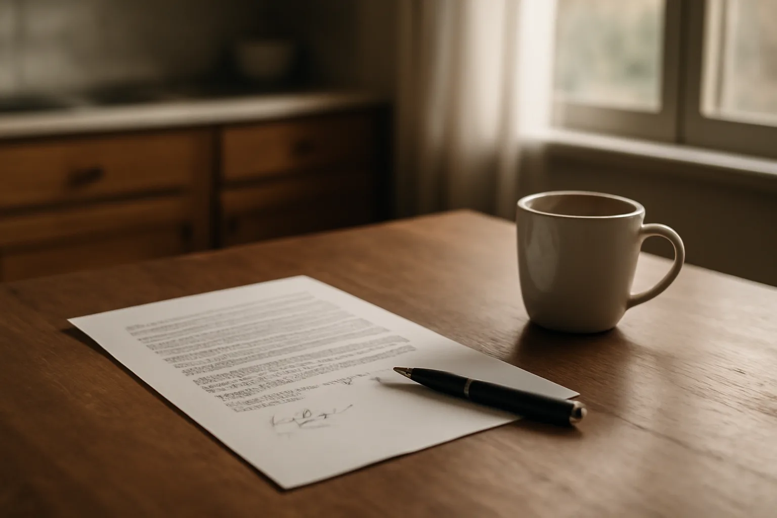 Contract papers and coffee on a table, representing a timeshare purchase cancellation decision