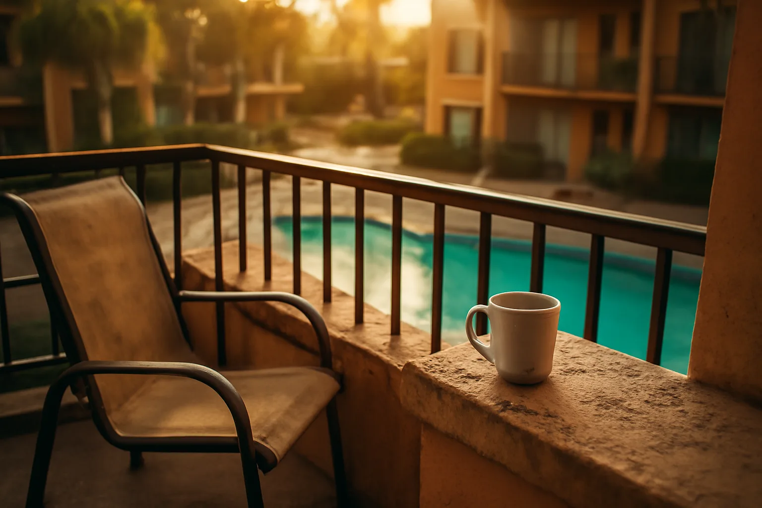 Empty balcony overlooking a resort pool, evoking a timeshare owner weighing an exit