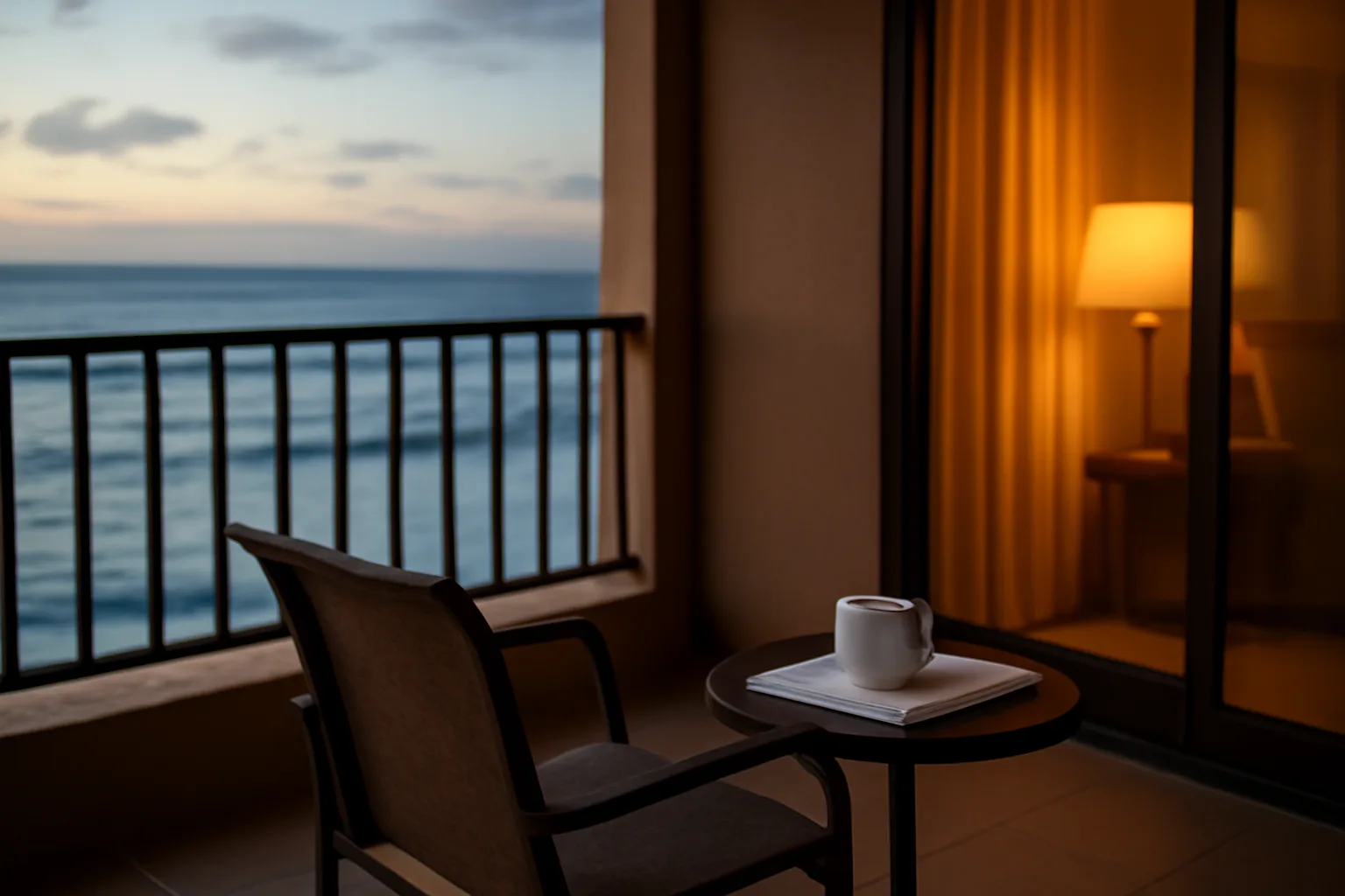 Empty resort balcony at dusk with papers on a table, evoking a Wyndham timeshare decision
