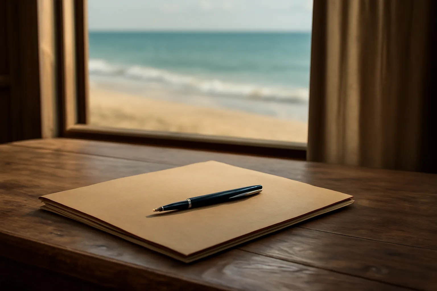Desk with folder and pen near a window overlooking the ocean, symbolizing timeshare contract decisions