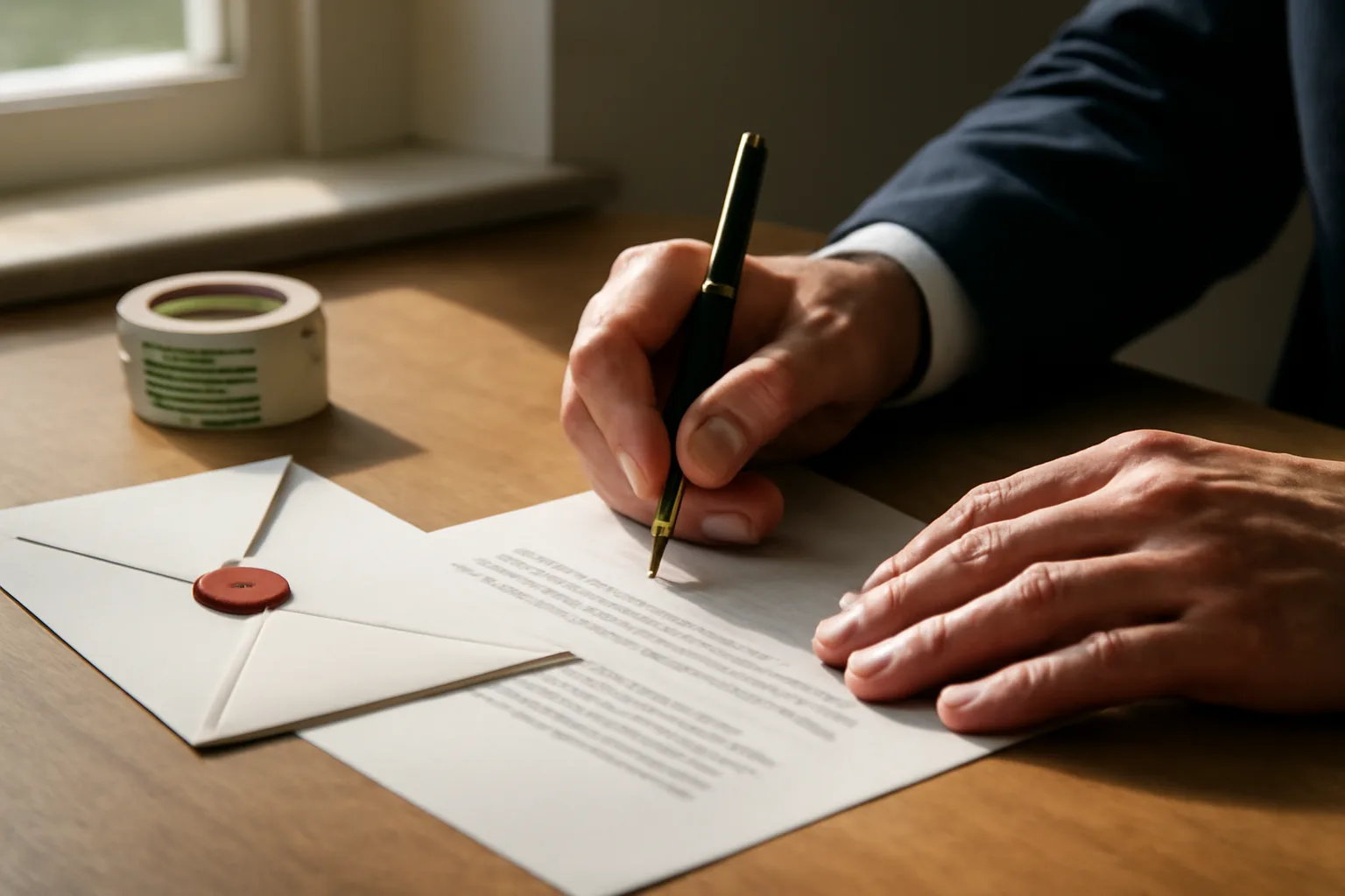 Person signing timeshare cancellation letter with certified mail envelope on desk