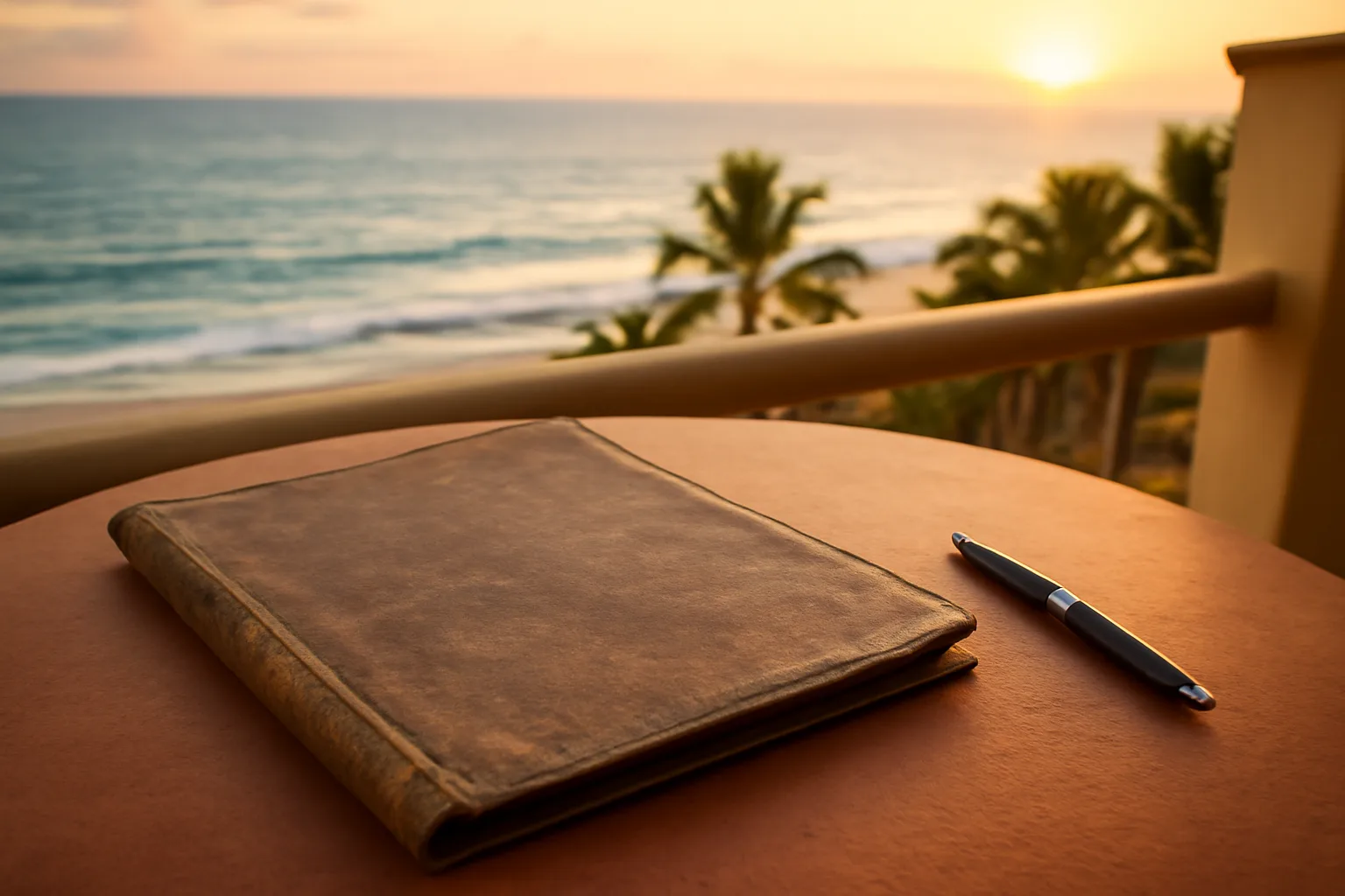 Contract folder and pen on a beach resort balcony table at sunset in Mexico