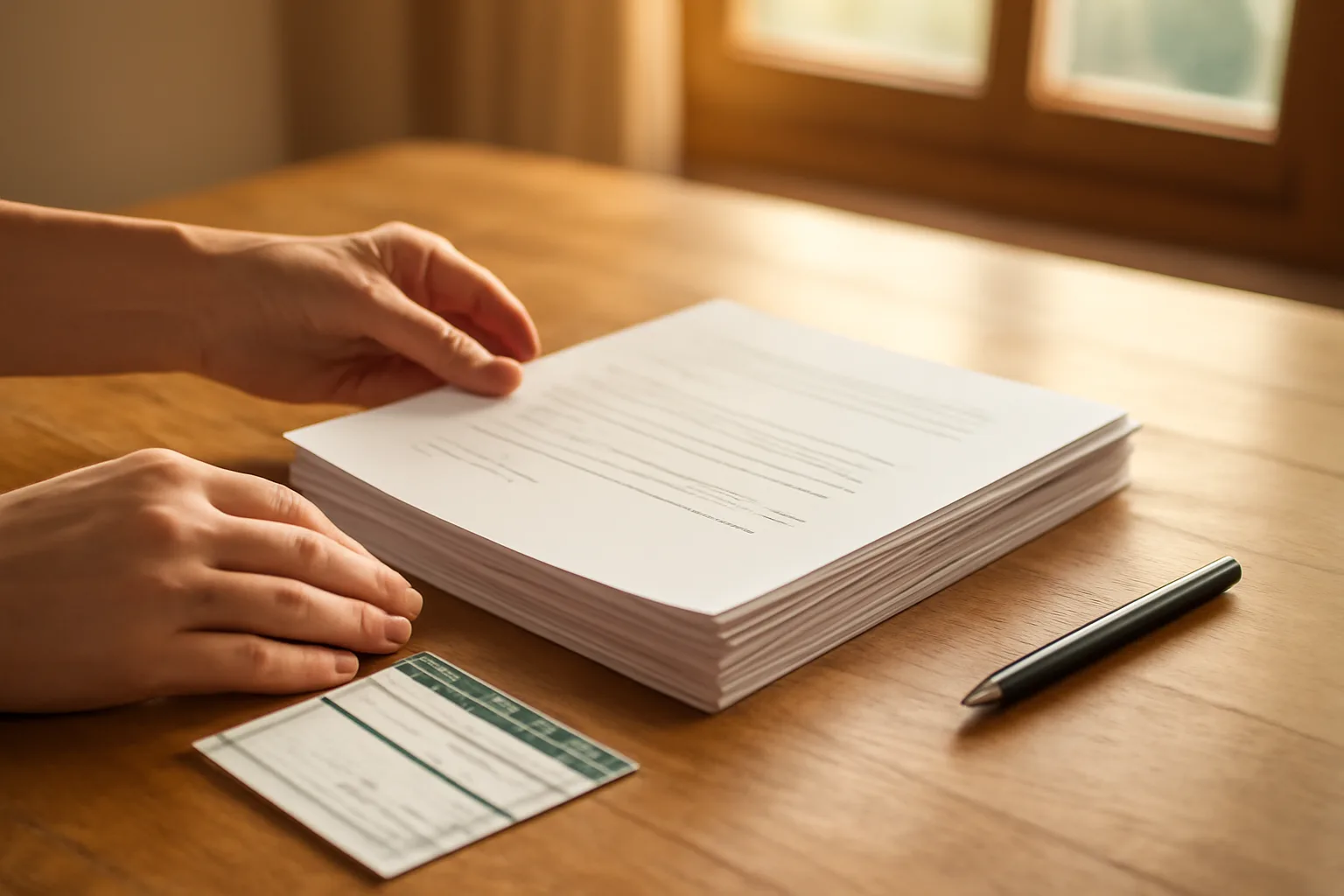 Homeowner reviewing timeshare contract paperwork at kitchen table before mailing a cancellation notice