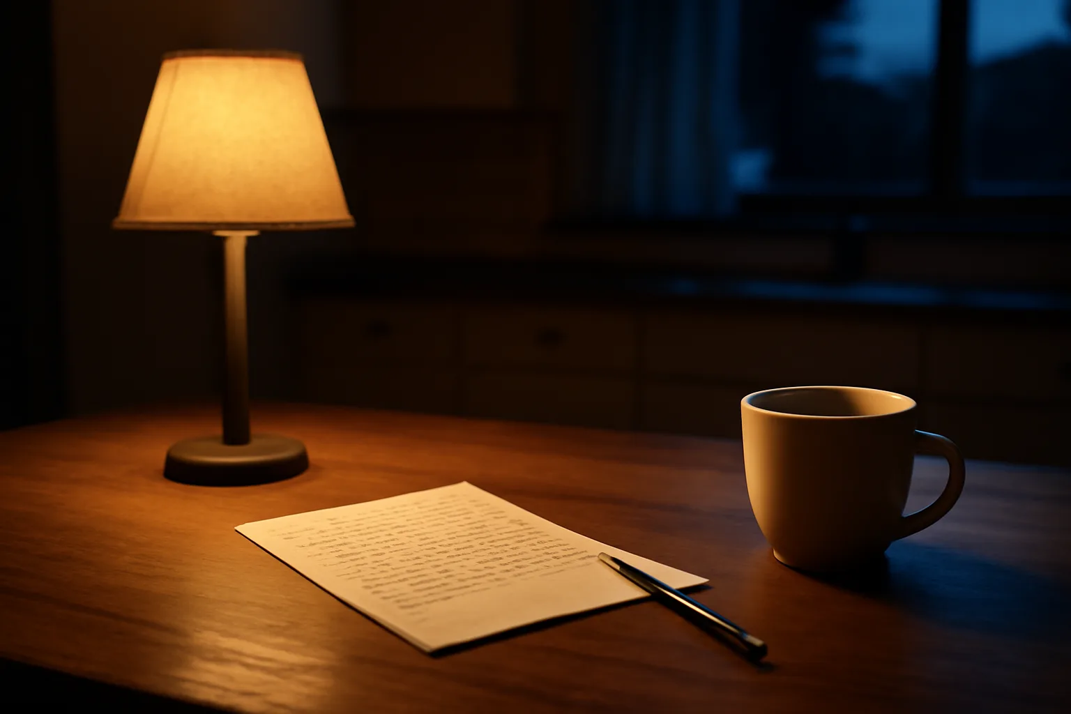 Handwritten cancellation letter and envelope on a kitchen table at dusk