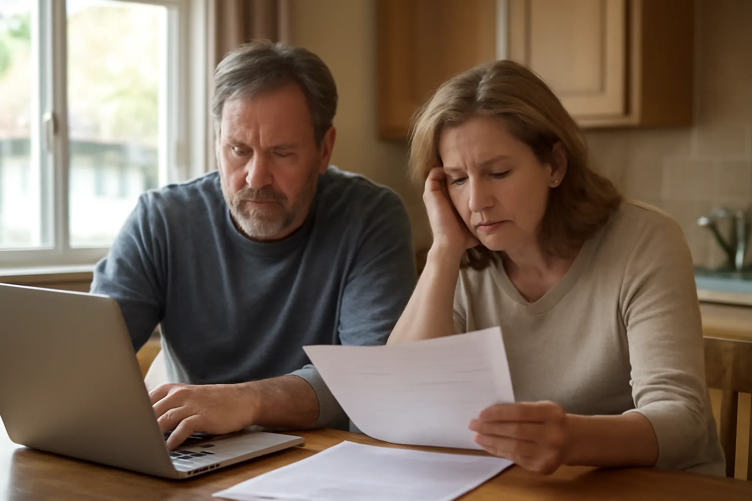 Couple reviewing timeshare exit company contract and fees at home