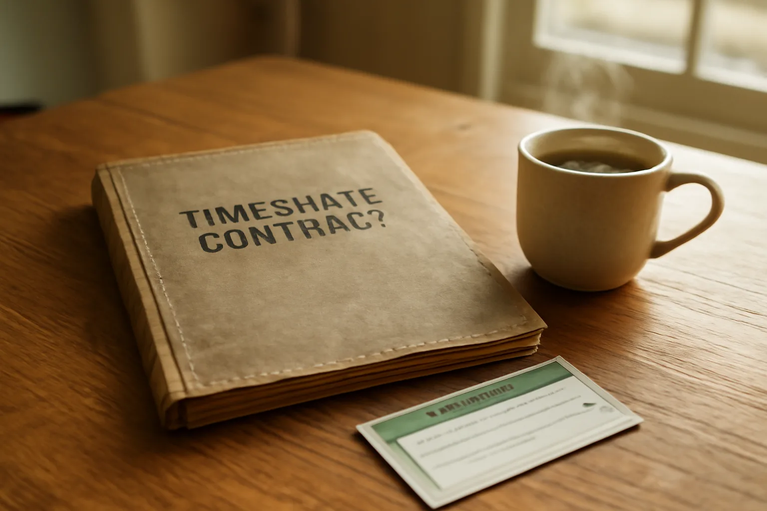 Contract folder and certified mail receipt on a table, representing steps to cancel your timeshare