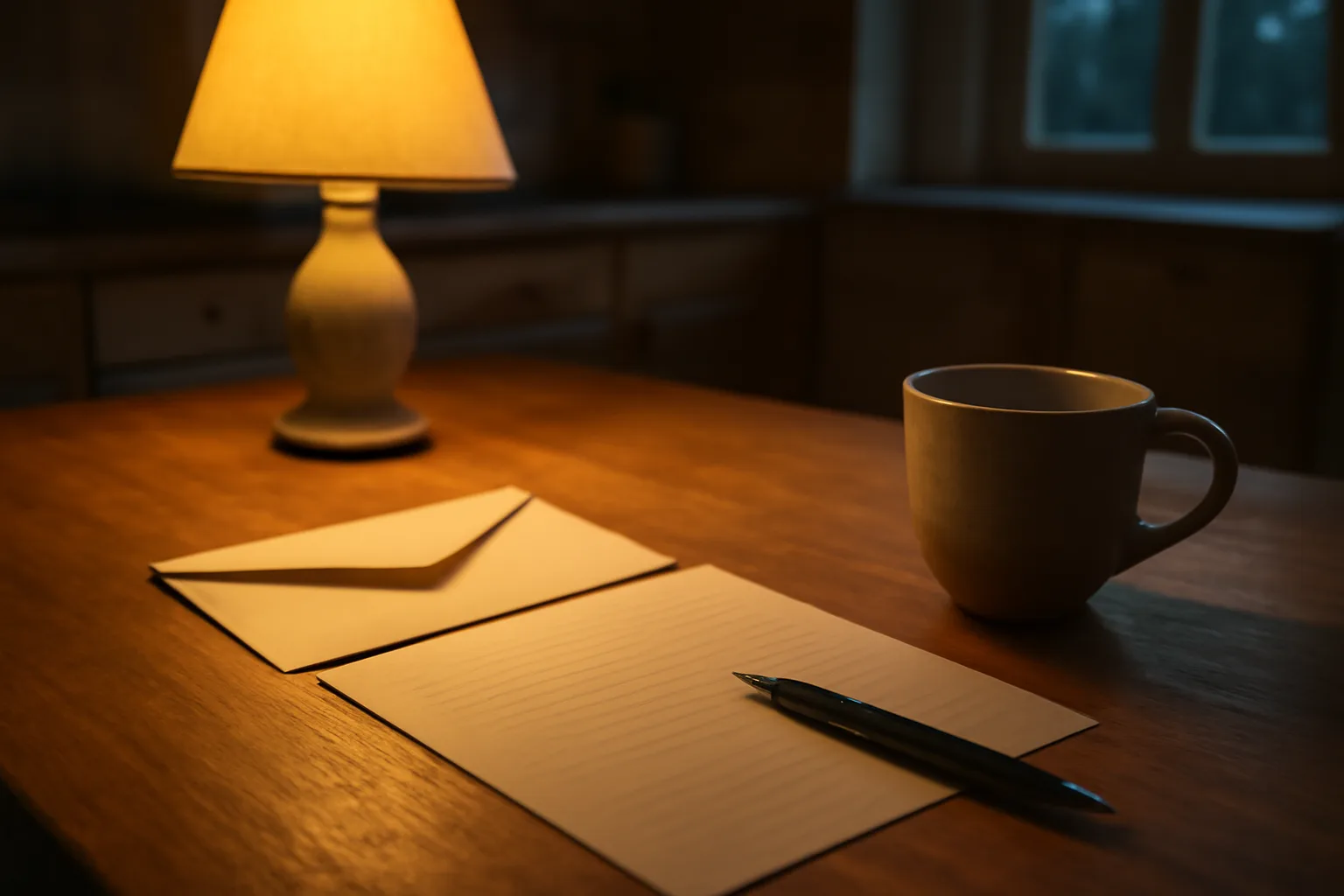 handwritten cancellation letter and envelope on a kitchen table under lamp light