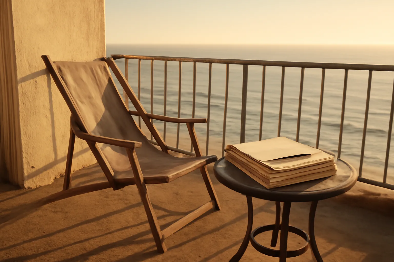 Empty condo balcony with paperwork on table, representing cancelling a timeshare agreement