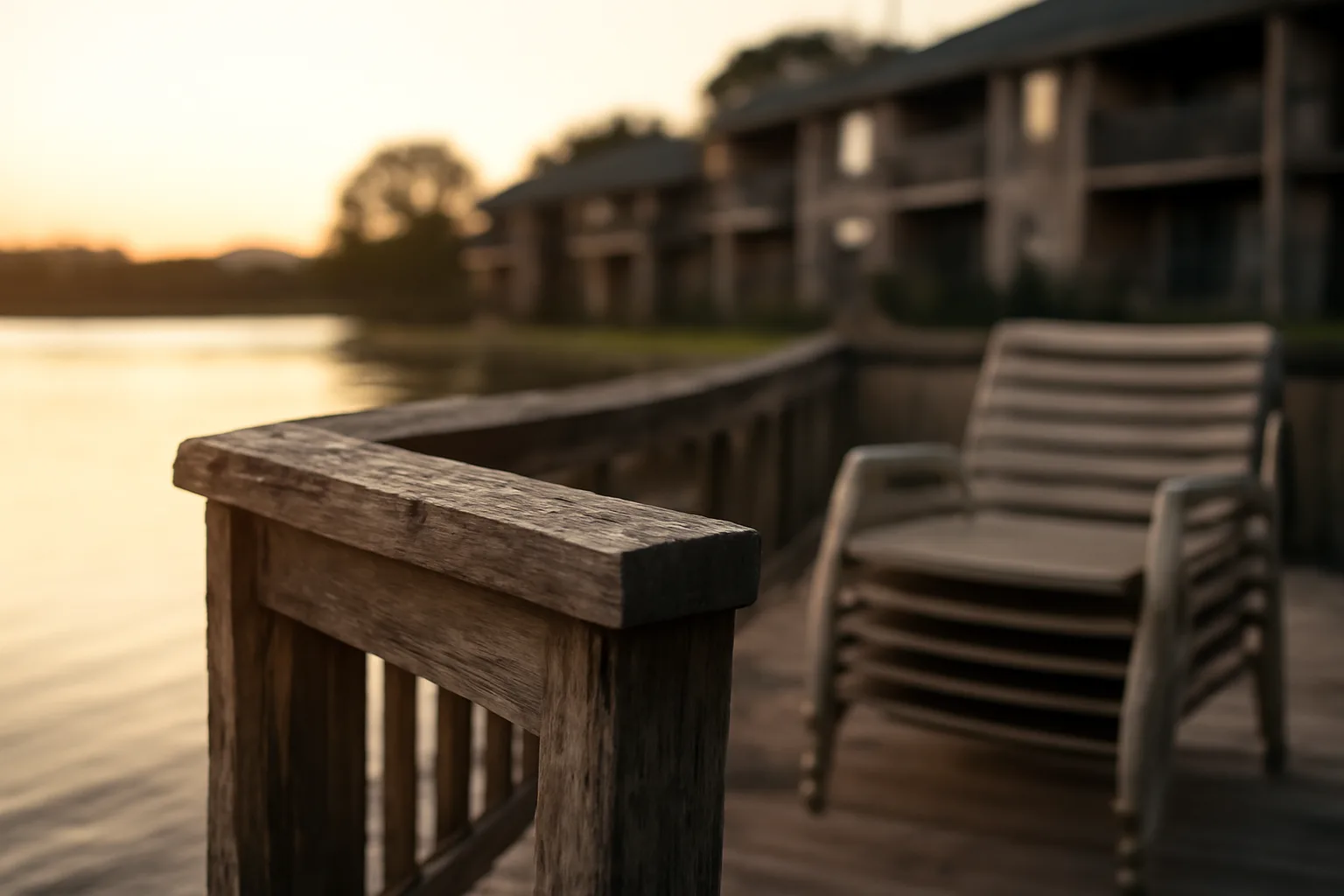 Empty vacation condo balcony at dusk, evoking the weight of cancelling a timeshare
