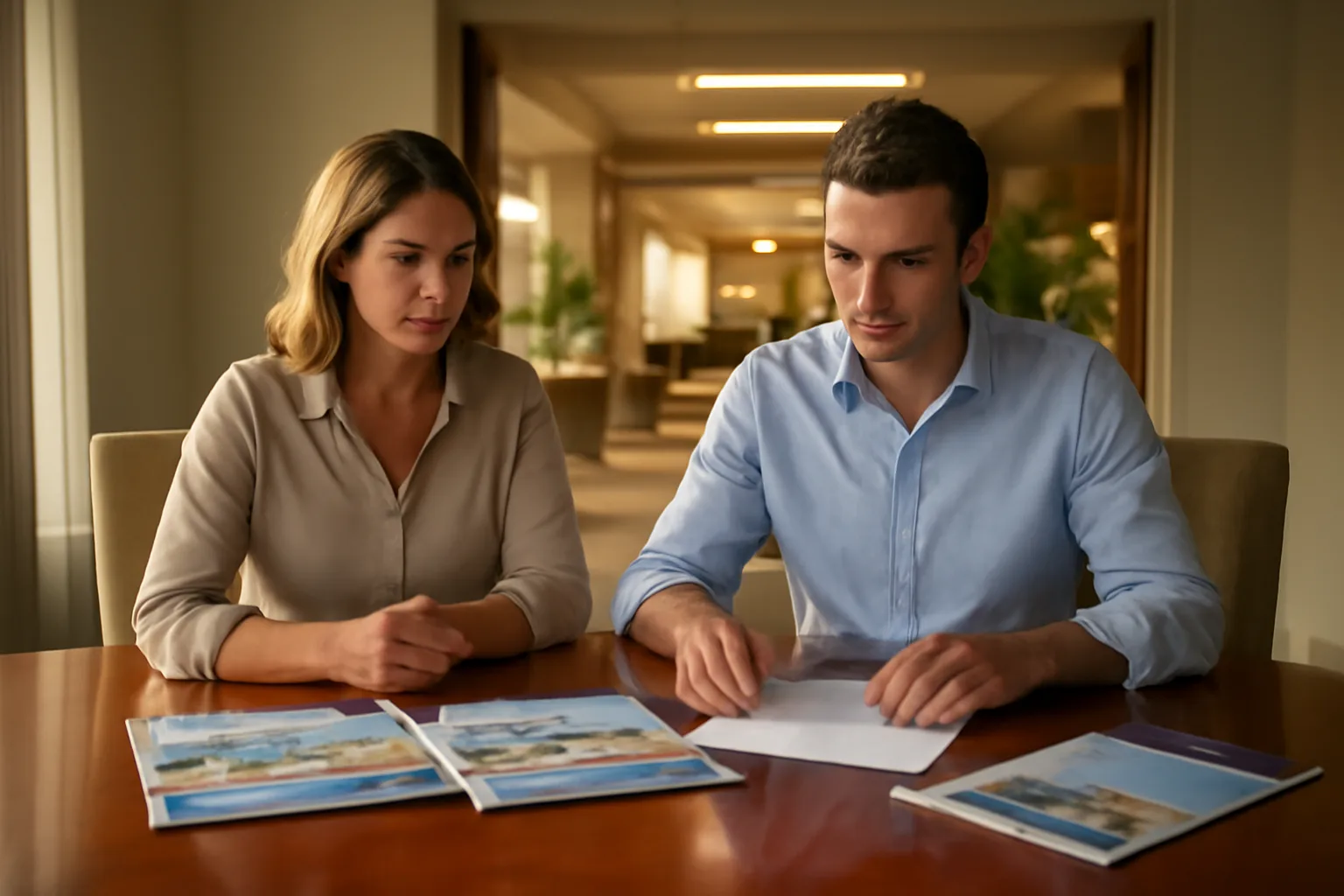 Couple reviewing timeshare contract paperwork at resort conference table with vacation brochures