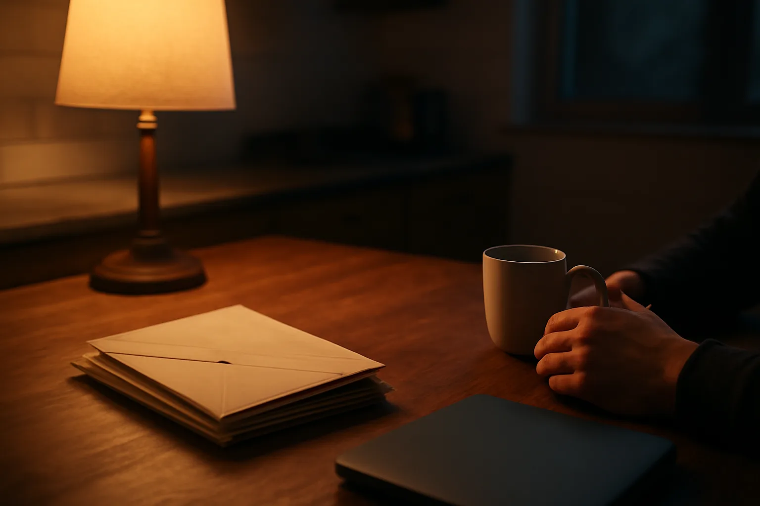 Person at kitchen table reviewing timeshare paperwork and finances at dusk