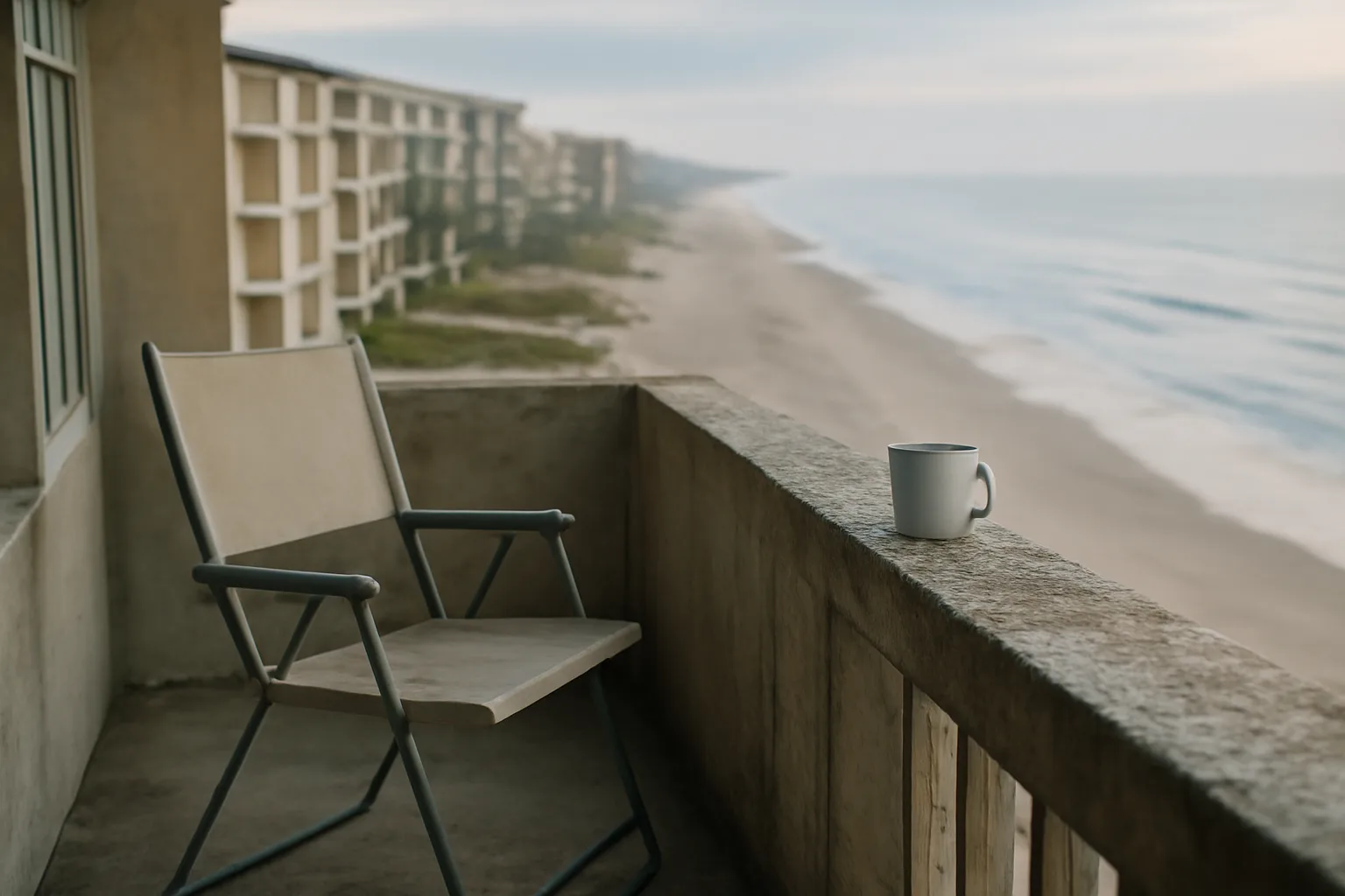 Empty resort condo balcony at dawn, evoking the true cost of cancelling a timeshare