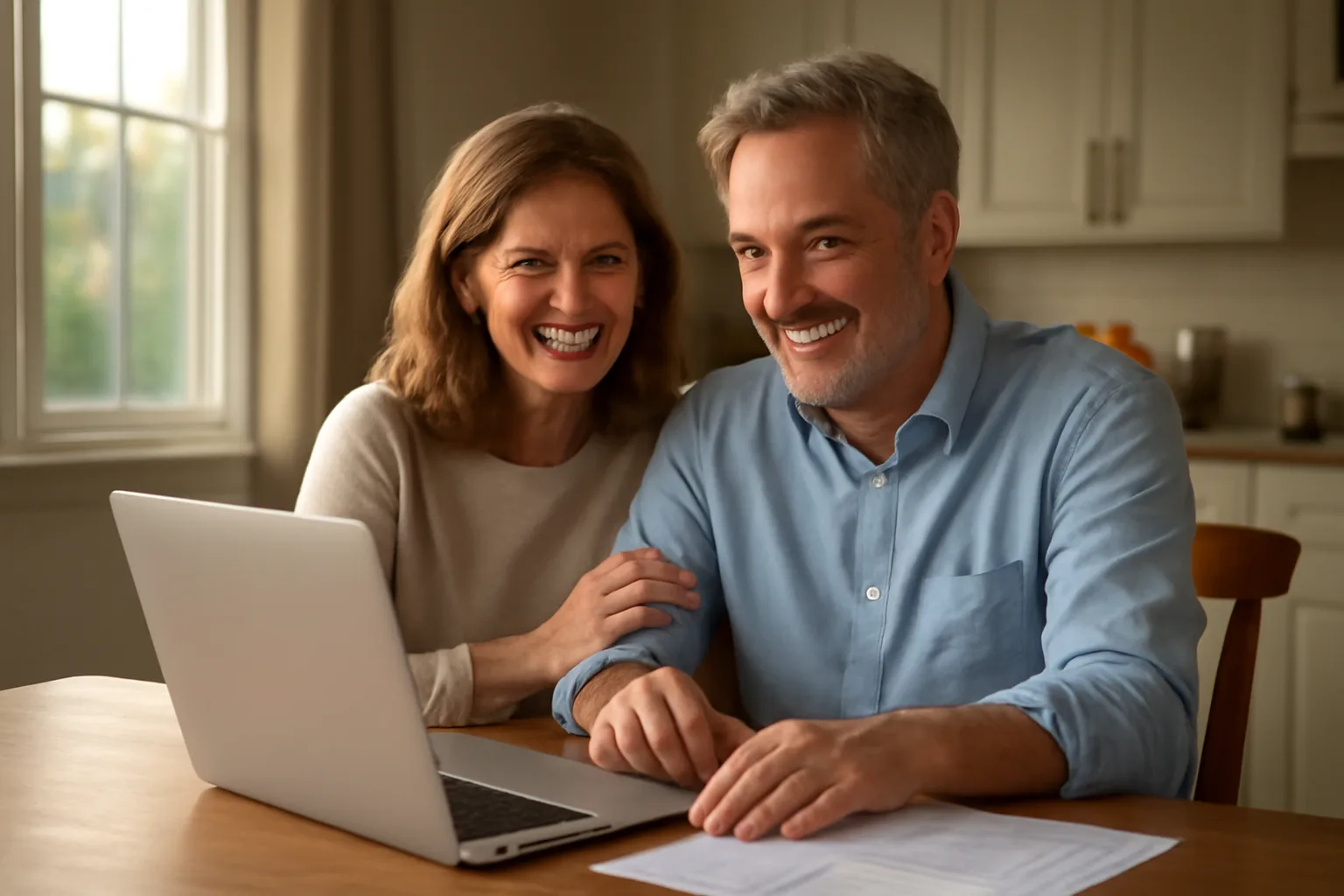Couple reviewing timeshare exit paperwork at home with contract documents