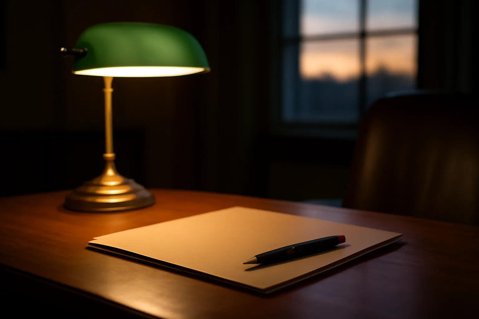 Desk lamp lighting a closed folder and pen in a law office at dusk