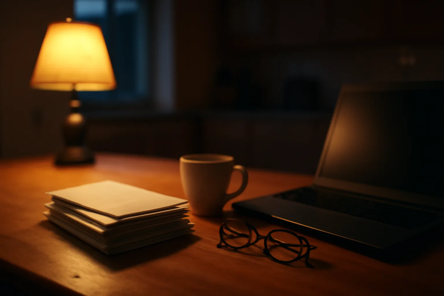 Kitchen table with mail and laptop, evoking a timeshare owner reviewing exit options at home