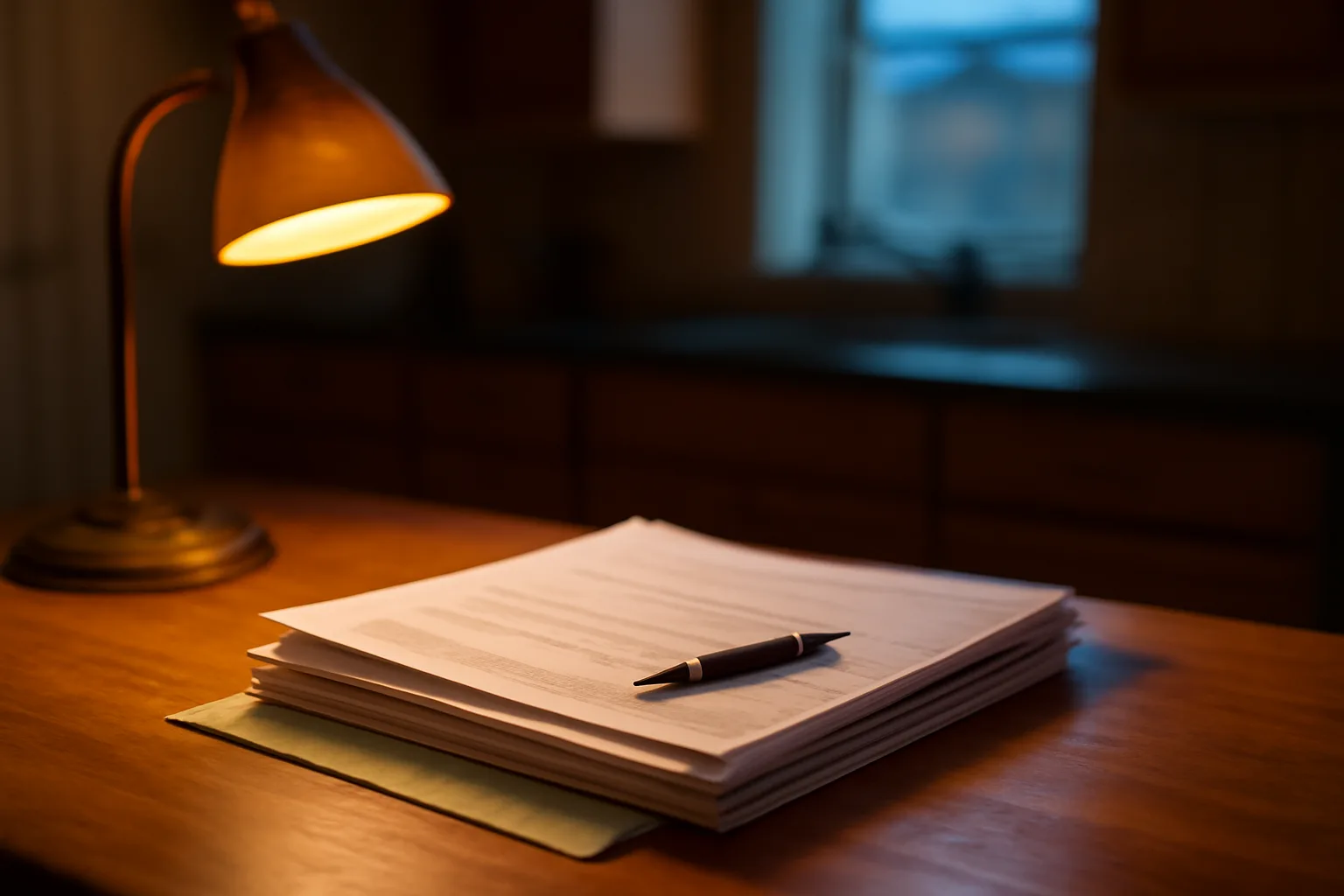 Timeshare contract papers and a certified mail receipt on a kitchen table at dusk