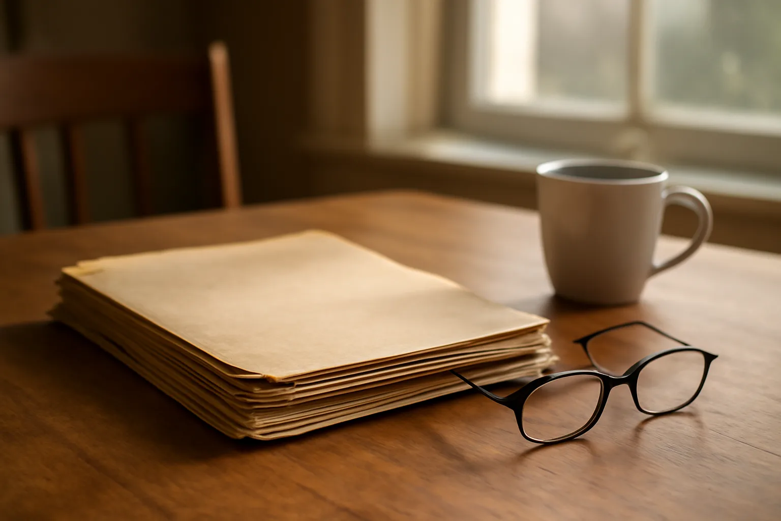 Timeshare contract paperwork and reading glasses on a kitchen table in morning light